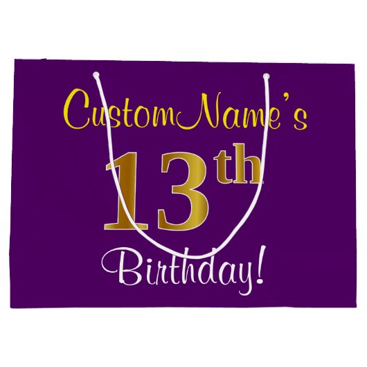 Elegant, Paars, Faux Gold 13th Birthday + naam Groot Cadeauzakje (Achterkant)