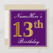 Elegant, Paars, Faux Gold 13th Birthday + naam Kaart (Voorkant / Achterkant)
