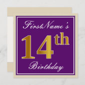 Elegant, Paars, Faux Gold 14e verjaardag + naam Kaart (Voorkant / Achterkant)