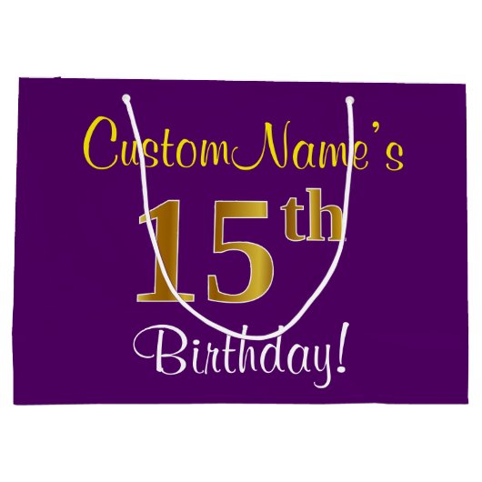 Elegant, Paars, Faux Gold 15th Birthday + naam Large Cadeautasje (Achterkant)