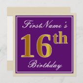 Elegant, Paars, Faux Gold 16e verjaardag + naam Kaart (Voorkant / Achterkant)