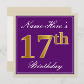 Elegant, Paars, Faux Gold 17th Birthday + naam Kaart (Voorkant / Achterkant)