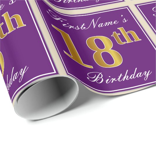 Elegant, Paars, Faux Gold 18th Birthday + naam Cadeaupapier (Rol Hoek)