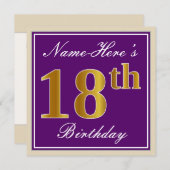 Elegant, Paars, Faux Gold 18th Birthday + naam Kaart (Voorkant / Achterkant)