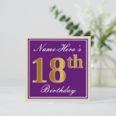 Elegant, Paars, Faux Gold 18th Birthday + naam Kaart (Staand voorkant)