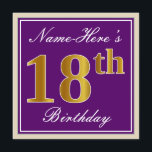 Elegant, Paars, Faux Gold 18th Birthday   naam Kaart<br><div class="desc">Dit eenvoudige en elegante uitnodigingsontwerp voor verjaardagsfeestjes heeft een gepersonaliseerde boodschap zoals "Name-Here’s 18th Birthday" (met de "18th" met een faux/imitatie goudachtige kleurlook) binnen een paarse vierkant met een eenvoudige randomtrek. De naam is in een elegante wit-gekleurde script-achtige tekst, en kan worden gepersonaliseerd. De achterkant bevat aanpasbare uitnodigingsdetails. Een uitnodiging...</div>