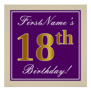 Elegant, Paars, Faux Gold 18th Birthday + naam Poster