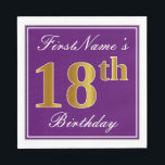 Elegant Paars, Faux Gold 18th Birthday   Naam Servetten<br><div class="desc">Dit eenvoudige en elegante papieren servetontwerp bevat een bericht als "FirstName's 18th Birthday" (met de "18th" met een faux goudachtige kleur) binnen een paars-gekleurd vierkant gebied met een eenvoudige omtrek aan de rand. De naam is in een wit-gekleurde manuscript-als tekst, en kan worden gepersonaliseerd. Dit soort luiers kunnen misschien op...</div>