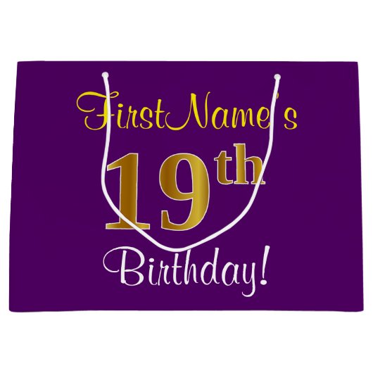 Elegant, Paars, Faux Gold 19th Birthday + naam Groot Cadeauzakje (Voorkant)
