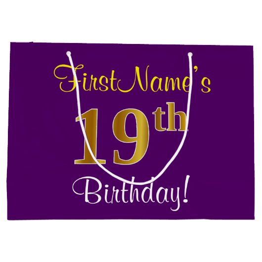 Elegant, Paars, Faux Gold 19th Birthday + naam Groot Cadeauzakje (Achterkant)