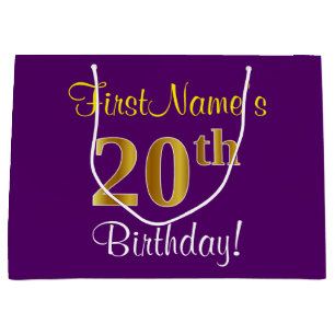 Elegant, Paars, Faux Gold 20th Birthday + naam Groot Cadeauzakje