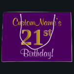 Elegant, Paars, Faux Gold 21st Birthday   naam Groot Cadeauzakje<br><div class="desc">Dit eenvoudige, elegante verjaardagsgeschenktasontwerp heeft een gepersonaliseerde boodschap zoals "CustomName’s 21st Birthday!" (met de "21st" met een faux/imitation gold-like kleurlook) op een paarse gekleurde achtergrond. De naam is geschreven in geelgekleurde tekst en kan worden aangepast. Een gepersonaliseerde cadeauzak met een verjaardagsthema zoals deze kan misschien worden gebruikt om iemand die...</div>