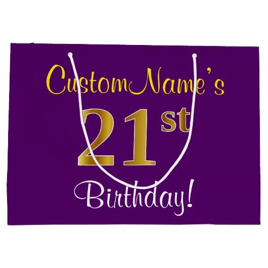Elegant, Paars, Faux Gold 21st Birthday + naam Groot Cadeauzakje (Achterkant)