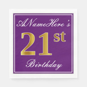 Elegant Paars, Faux Gold 21st Birthday + naam Servet