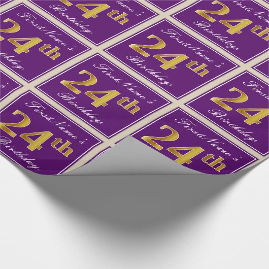 Elegant, Paars, Faux Gold 24th Birthday + naam Cadeaupapier (Hoek)