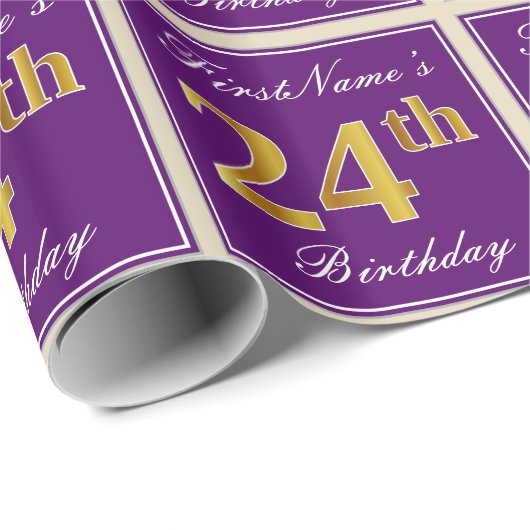 Elegant, Paars, Faux Gold 24th Birthday + naam Cadeaupapier (Rol Hoek)