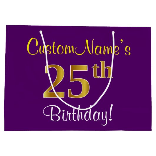 Elegant, Paars, Faux Gold 25th Birthday + naam Large Cadeautasje (Achterkant)