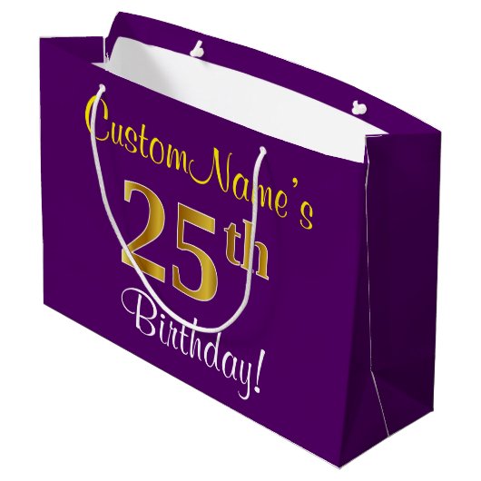 Elegant, Paars, Faux Gold 25th Birthday + naam Large Cadeautasje (Achterkant Gekanteld)