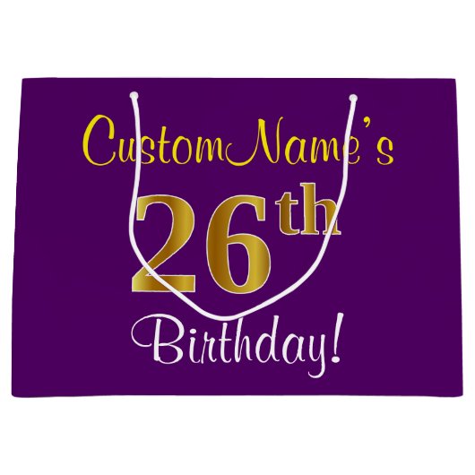 Elegant, Paars, Faux Gold 26th Birthday + naam Groot Cadeauzakje (Voorkant)