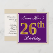 Elegant, Paars, Faux Gold 26th Birthday + naam Kaart (Voorkant / Achterkant)