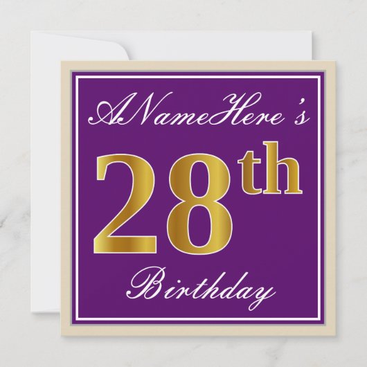 Elegant, Paars, Faux Gold 28th Birthday + naam Kaart (Voorkant)