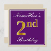 Elegant, Paars, Faux Gold 2e verjaardag + naam Kaart (Voorkant / Achterkant)