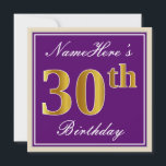 Elegant, Paars, Faux Gold 30th Birthday   naam Kaart<br><div class="desc">Dit eenvoudige en elegante uitnodigingsontwerp voor verjaardagsfeestjes heeft een gepersonaliseerde boodschap zoals "NameHere’s 30th Birthday" (met de "30th" met een faux/imitatie goudachtige kleurlook) in een paarse vierkant met een eenvoudige randomtrek. De naam is in een elegante wit-gekleurde script-achtige tekst, en kan worden aangepast. De achterkant bevat gepersonaliseerde uitnodigingsdetails. Een uitnodiging...</div>