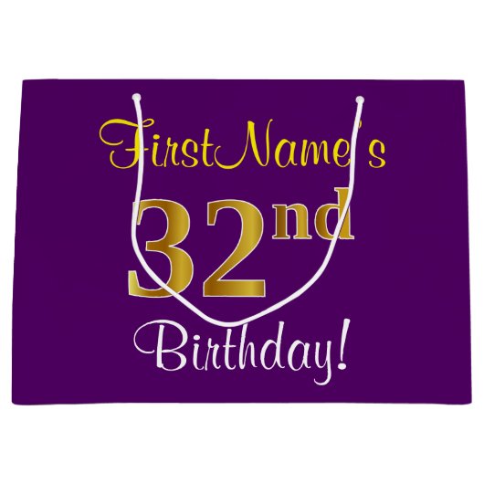 Elegant, Paars, Faux Gold 32e verjaardag + naam Groot Cadeauzakje (Voorkant)