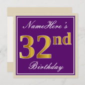 Elegant, Paars, Faux Gold 32e verjaardag + naam Kaart (Voorkant / Achterkant)