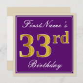 Elegant, Paars, Faux Gold 33rd Birthday + naam Kaart (Voorkant / Achterkant)