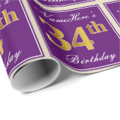 Elegant, Paars, Faux Gold 34th Birthday + naam Cadeaupapier (Rol Hoek)
