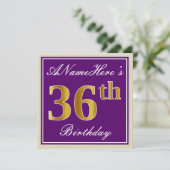 Elegant, Paars, Faux Gold 36th Birthday + naam Kaart (Staand voorkant)