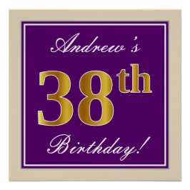 Elegant, Paars, Faux Gold 38th Birthday + naam Perfect Poster