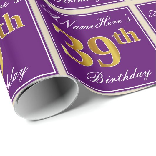 Elegant, Paars, Faux Gold 39th Birthday + naam Cadeaupapier (Rol Hoek)