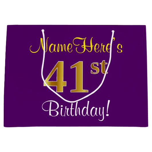Elegant, Paars, Faux Gold 41st Birthday + naam Groot Cadeauzakje (Voorkant)
