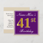 Elegant, Paars, Faux Gold 41st Birthday + naam Kaart (Voorkant / Achterkant)