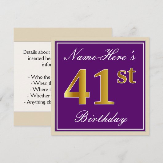 Elegant, Paars, Faux Gold 41st Birthday + naam Kaart (Voorkant / Achterkant)