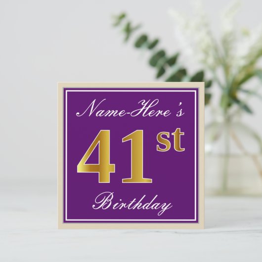 Elegant, Paars, Faux Gold 41st Birthday + naam Kaart (Staand voorkant)