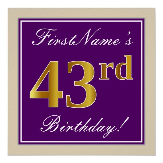 Elegant, Paars, Faux Gold 43rd Birthday + naam Perfect Poster (Voorkant)