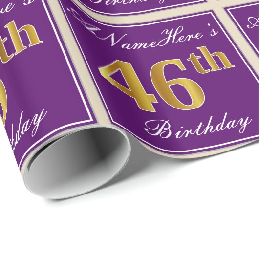 Elegant, Paars, Faux Gold 46th Birthday + naam Cadeaupapier (Rol Hoek)