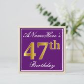 Elegant, Paars, Faux Gold 47th Birthday + naam Kaart (Staand voorkant)