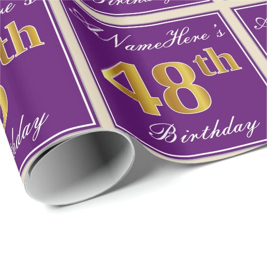 Elegant, Paars, Faux Gold 48th Birthday + naam Cadeaupapier (Rol Hoek)