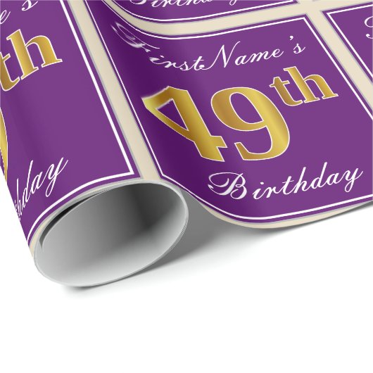 Elegant, Paars, Faux Gold 49th Birthday + naam Cadeaupapier (Rol Hoek)
