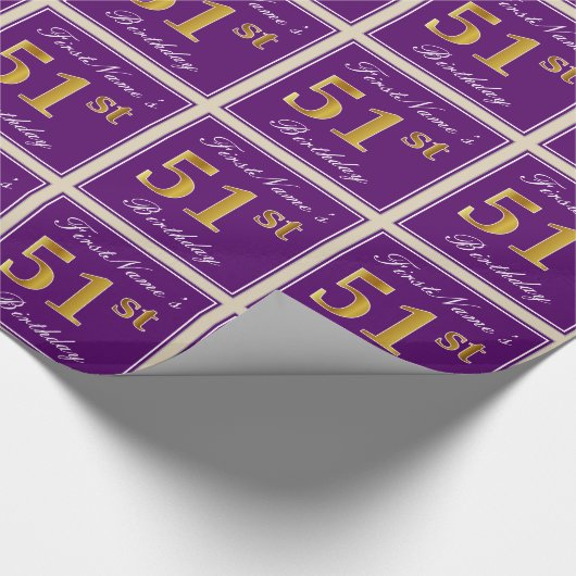 Elegant, Paars, Faux Gold 51st Birthday + naam Cadeaupapier (Hoek)
