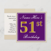 Elegant, Paars, Faux Gold 51st Birthday + naam Kaart (Voorkant / Achterkant)