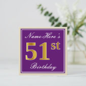 Elegant, Paars, Faux Gold 51st Birthday + naam Kaart (Staand voorkant)