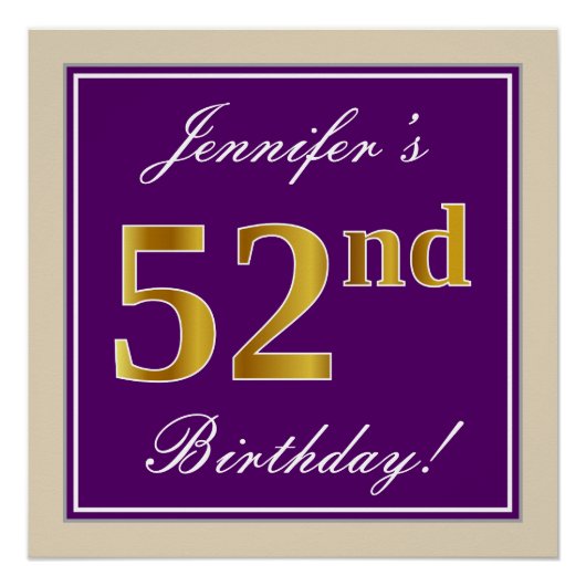Elegant, Paars, Faux Gold 52e verjaardag + naam Perfect Poster (Voorkant)