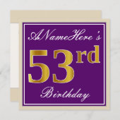 Elegant, Paars, Faux Gold 53rd Birthday + naam Kaart (Voorkant / Achterkant)