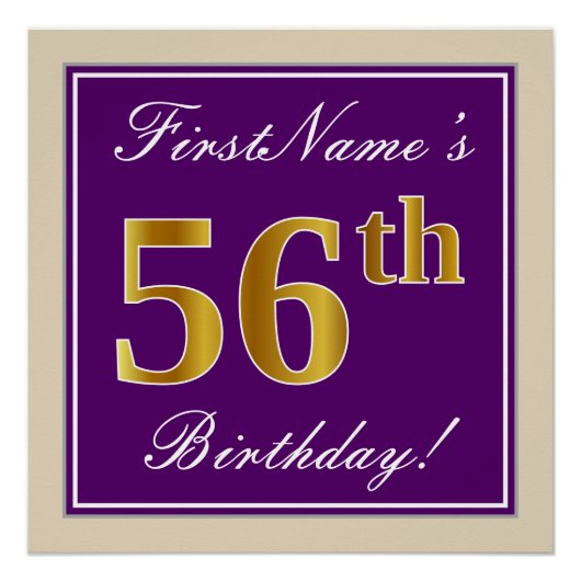 Elegant, Paars, Faux Gold 56th Birthday + naam Perfect Poster (Voorkant)