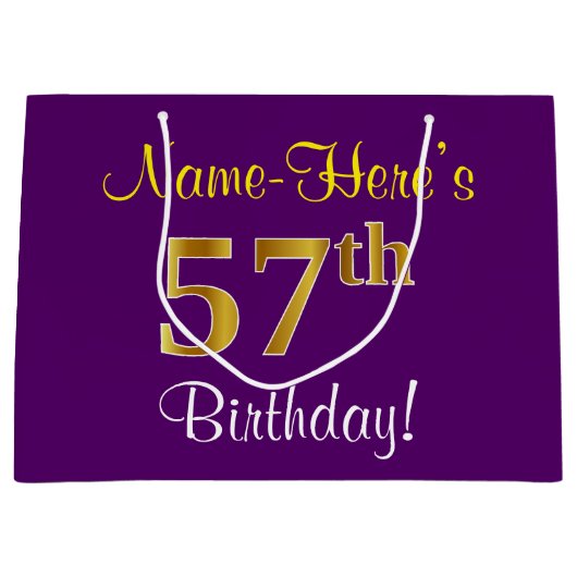 Elegant, Paars, Faux Gold 57th Birthday + naam Groot Cadeauzakje (Voorkant)